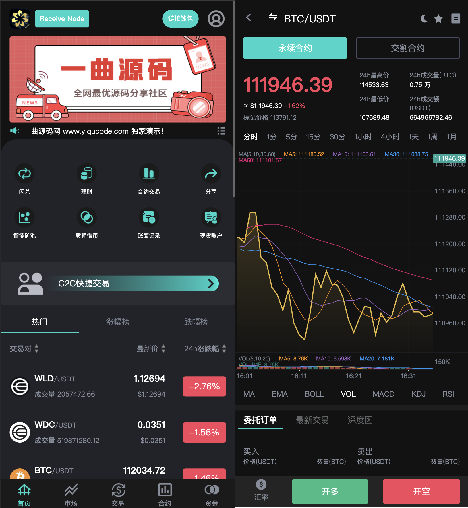 Java开源交易所源码/java区块链交易所源码/支持十国语言 黑夜模式 现货交易/合约/