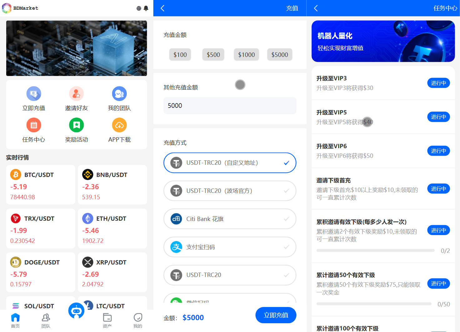BDMarket多语言量化钱包投资理财源码/19种语言+3级分销+行情实时数据+谷歌验
